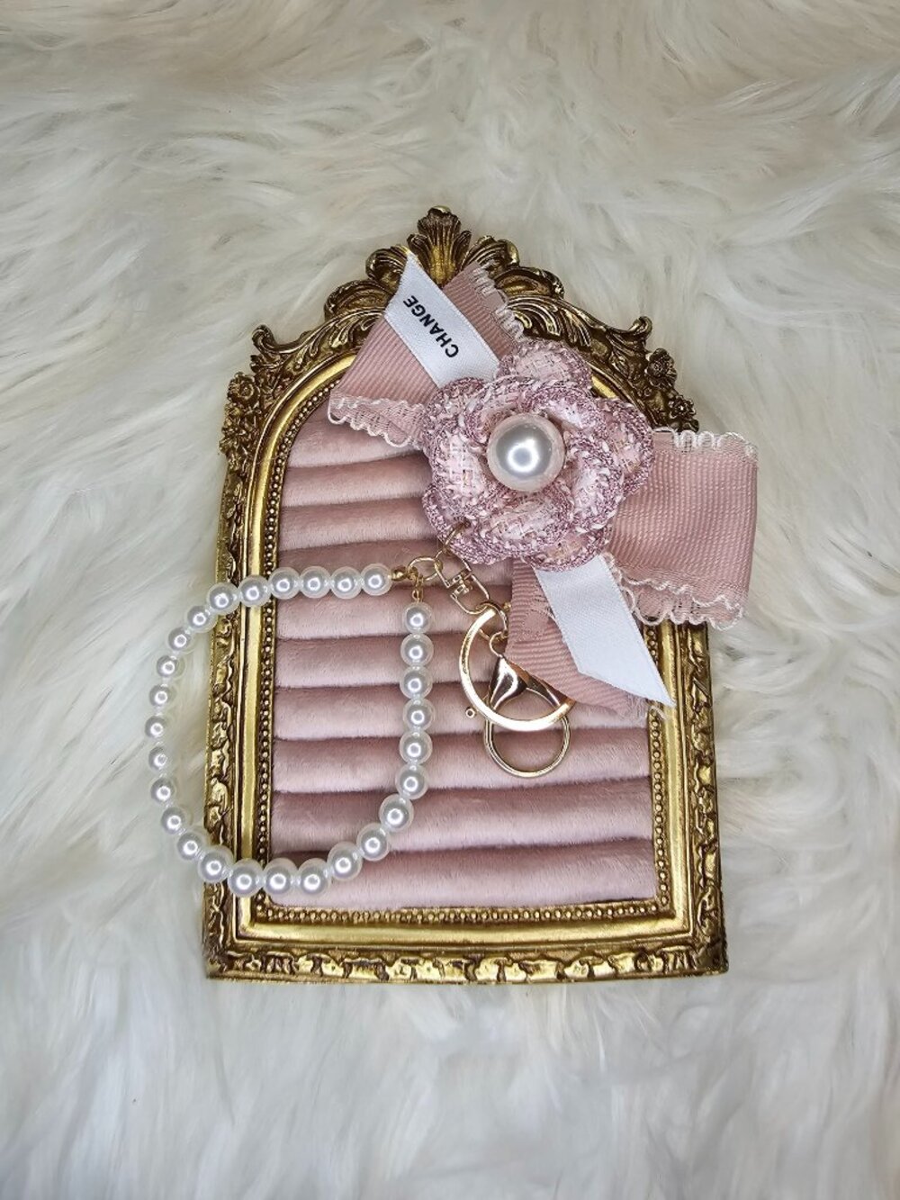 Pink Floral Ribbon Bag Charm - Pearl Bead Wristlet Keychain Accent